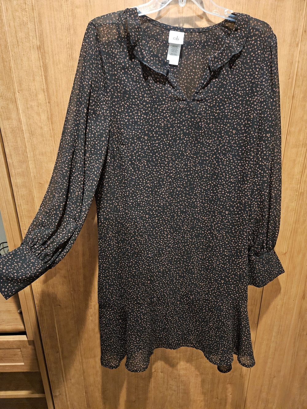 CAbi Black Dress with Pink Speckled Print and Waist Tie Button Down Sleeves - Picture 2 of 7
